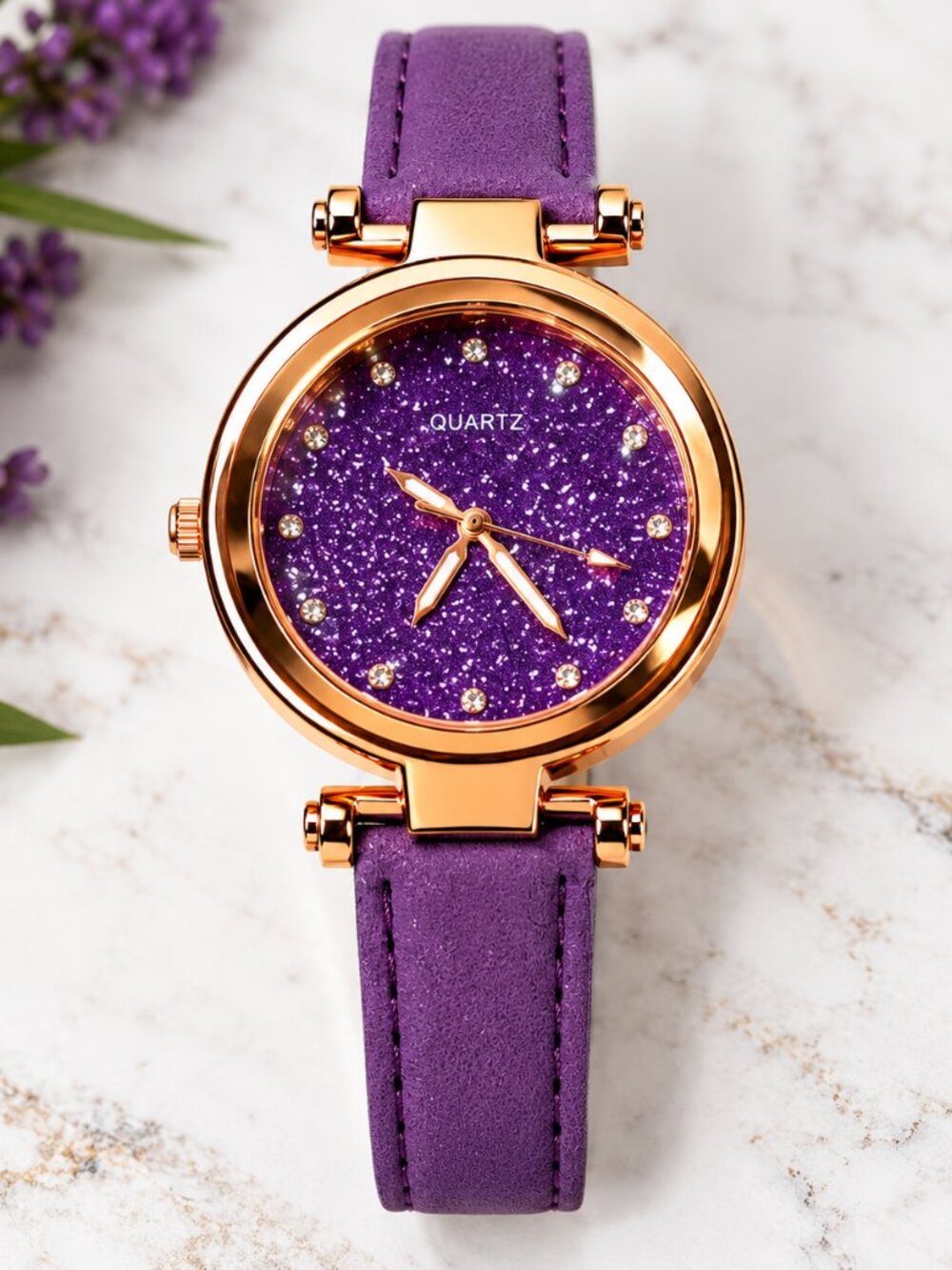 WA-53--Glitter Fashion Watch, Rose Gold-Tone Case and Purple Strap